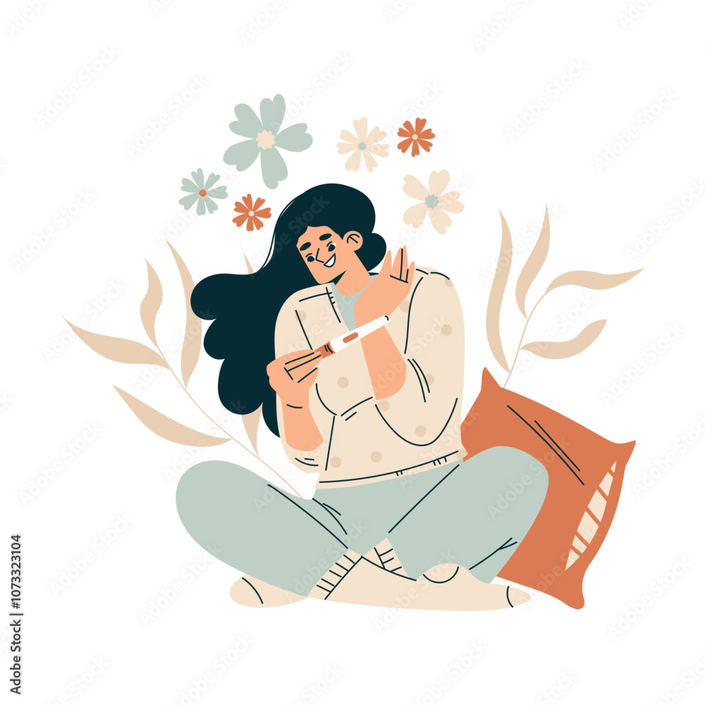 Obraz premium Pregnancy Planning with Young Woman with Test Vector Illustration