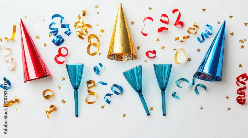 Festive flat lay with 2024 glasses, party hats, and party streamers for New Year Eve, isolated on white Festive flat lay with 2024 glasses, party hats, and party streamers for New Year Eve, isolated on white