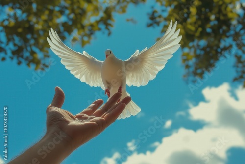 An open hand releasing a dove into the sky, representing freedom and hope for human rights photo