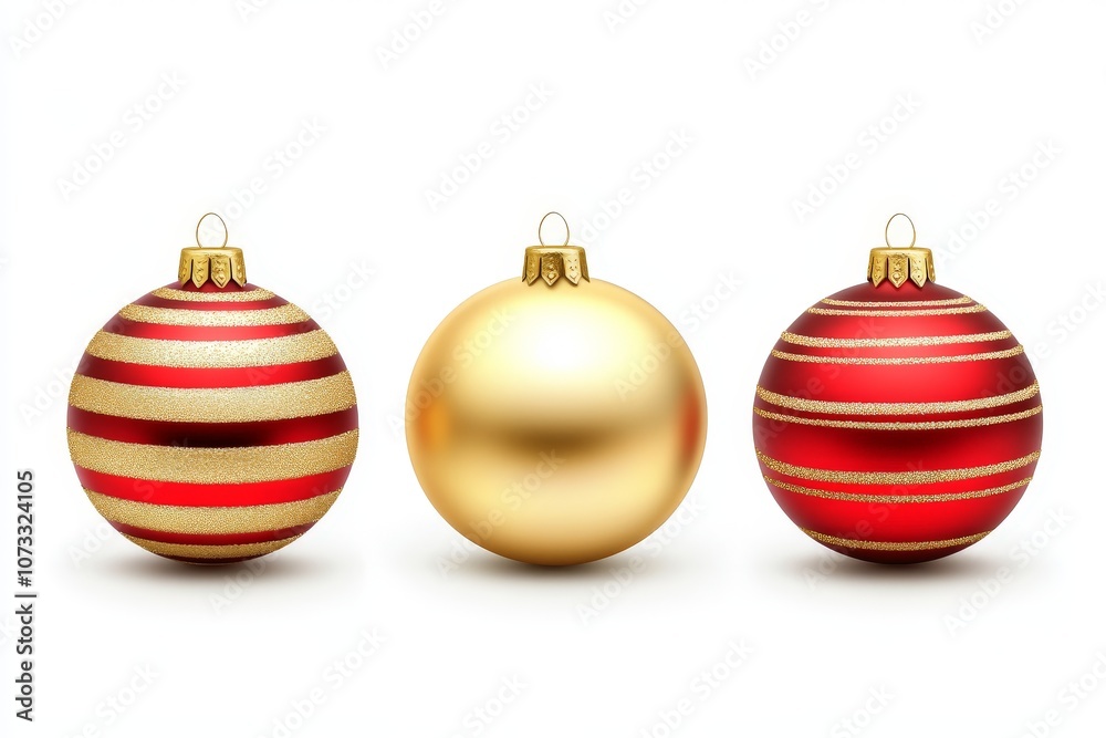 Simple arrangement of three Christmas ornaments in red gold and striped pattern against a plain white background showcasing a minimalist holiday style with classic colors Simple arrangement of three Christmas ornaments in red gold and striped pattern against a plain white background showcasing a minimalist holiday style with classic colors