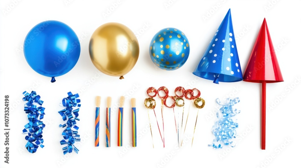 Flat lay of New Year decorations: balloons, streamers, and party hats, isolated on white background Flat lay of New Year decorations: balloons, streamers, and party hats, isolated on white background
