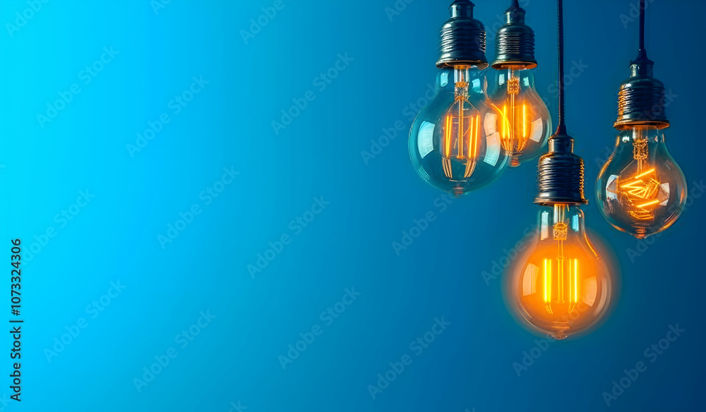 A blue background with light bulbs, one of which is glowing and the others hanging from it