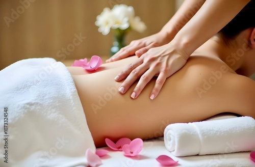 A relaxing spa setting depicting a woman enjoying a relaxing massage surrounded by fragrant rose petals. Concept of tranquility, well-being, rejuvenation and medicine