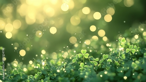 Green shamrock background with bokeh lights and text space, ideal for St. Patrick's Day