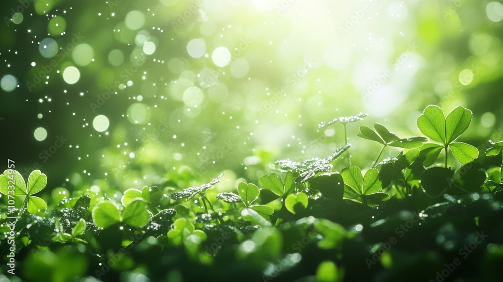 Green clover leaves with bokeh lights in nature, perfect background for St. Patrick's Day celebration with copy space Green clover leaves with bokeh lights in nature, perfect background for St. Patrick's Day celebration with copy space