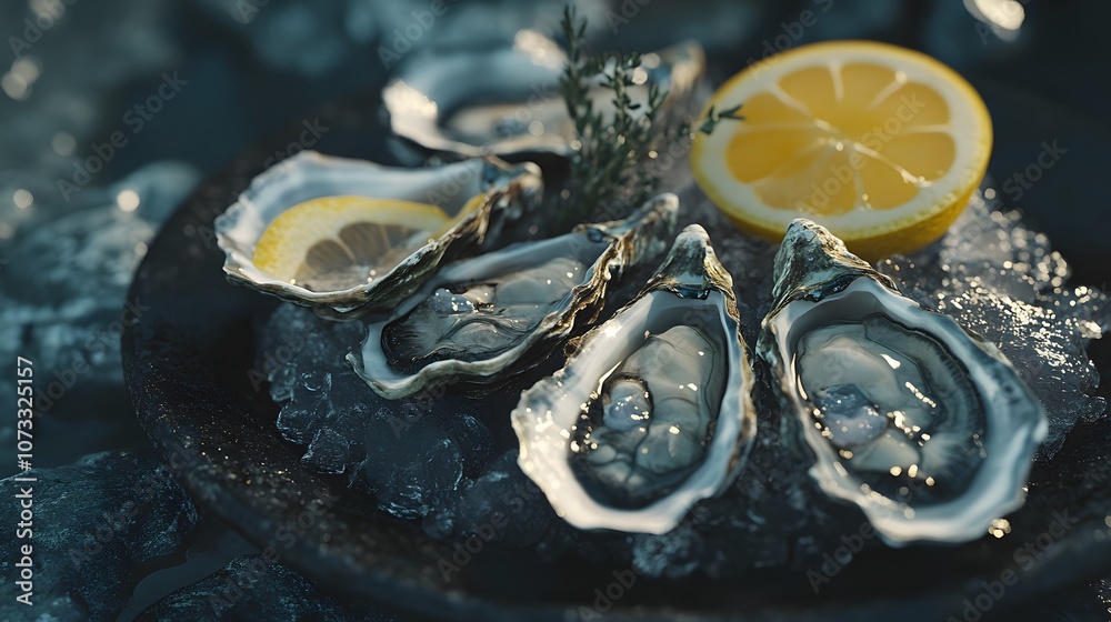 Freshly Shucked Oysters on a Bed of Ice with Lemon Slices and Thyme Garnish Served on a Rustic Plate in Natural Light Ideal for Seafood Tasting Events and Gourmet Meals