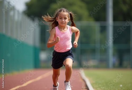 A child in a pink top and shorts runs energetically on a track surrounded by green fields.