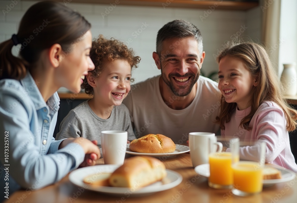 A cheerful family shares a joyful breakfast with smiles and delicious pastries. A cheerful family shares a joyful breakfast with smiles and delicious pastries.