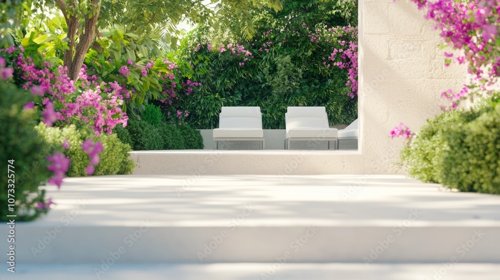 Fototapeta premium Tranquil Spanish Terrace Oasis with Modern Lounge Area Surrounded by Lush Greenery and Colorful Flowers for Relaxation | Ultra-Detailed Photo