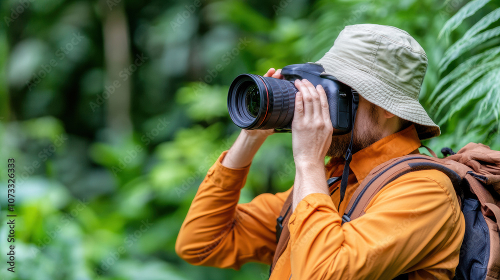 Photographer capturing nature in a lush green forest setting, AI Photographer capturing nature in a lush green forest setting, AI