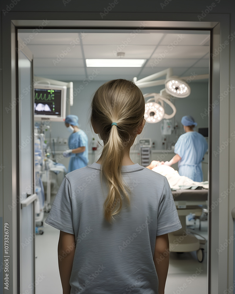 a girl stands with her back to the operating room window in a hospital where doctors are performing surgery on her mother or father, vertical photo a girl stands with her back to the operating room window in a hospital where doctors are performing surgery on her mother or father, vertical photo