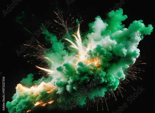 Color Cloud: Explosive Green and White Vibrance Against a Dark Backdrop photo