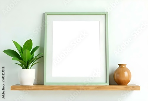 A wooden shelf with a blank green-colored frame, two potted plants with green leaves, and a wooden vase on a light-colored wall background.