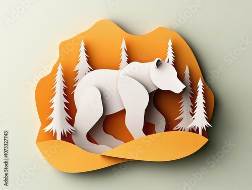 Minimalist Illustration of a Bear and Trees in a Paper Cut-Out Landscape photo