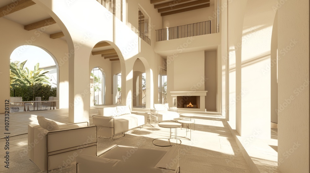 Obraz premium Elegant Spanish Living Room with High Ceilings and Fireplace for Relaxation and Socializing