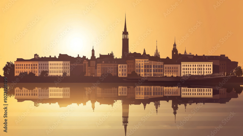 Helsinki skyline silhouette with reflection at sunset. Beautiful landscape of Helsinki, Finland, with iconic city landmarks and modern architecture in vector illustration style Helsinki skyline silhouette with reflection at sunset. Beautiful landscape of Helsinki, Finland, with iconic city landmarks and modern architecture in vector illustration style