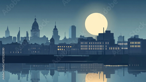 Helsinki skyline silhouette with reflection on water. Landscape of Helsinki, Finland in vector illustration showcasing the city's iconic architecture and urban skyline at dusk or dawn
