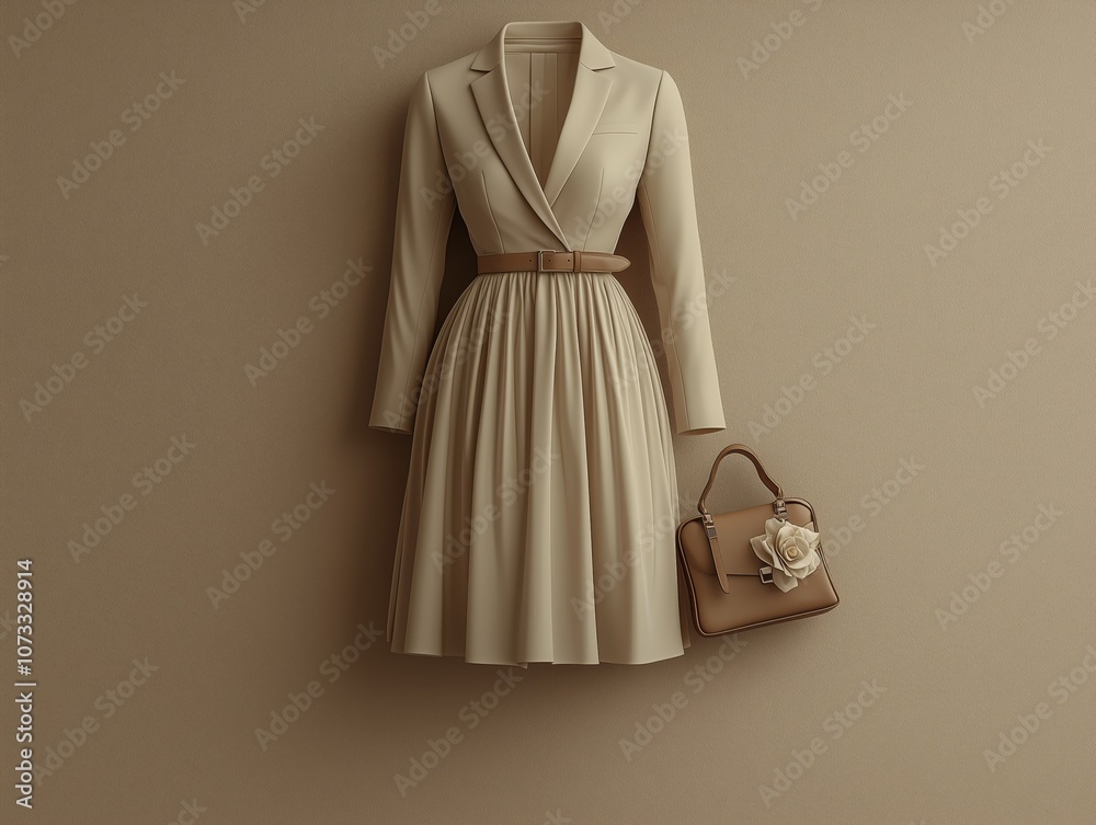 Elegant and Minimalist Fashion Display Featuring a Sophisticated Beige Dress with a Belt and a Stylish Handbag Against a Neutral Background for Fashion Marketing Elegant and Minimalist Fashion Display Featuring a Sophisticated Beige Dress with a Belt and a Stylish Handbag Against a Neutral Background for Fashion Marketing