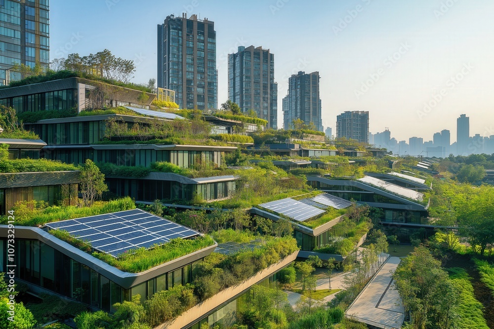 Fototapeta premium A futuristic city with vertical gardens and solar-paneled rooftops, showing a harmonious blend of nature and technology for sustainable urban living