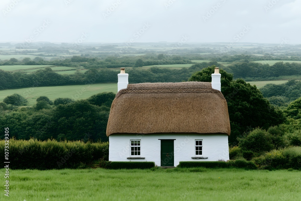 Traditional thatched-roof house in a rural landscape – Set against a serene, natural backdrop, showcasing rustic charm and the simplicity of rural living Traditional thatched-roof house in a rural landscape – Set against a serene, natural backdrop, showcasing rustic charm and the simplicity of rural living