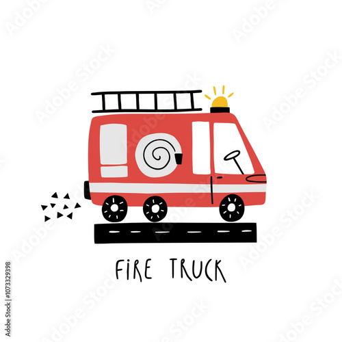 Fire truck handwritten lettering, flat cartoon car on a road isolated on white background. Vector print with cute cars for fabric, textile, t shirt print, postcard, apparel or kids room design.