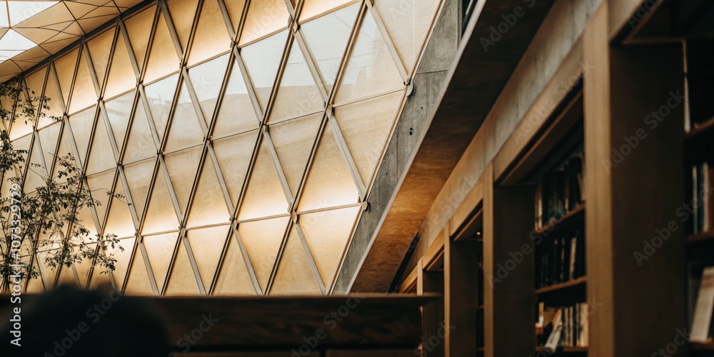 Obraz premium Architectural ceiling with triangular glass panels and metal beams