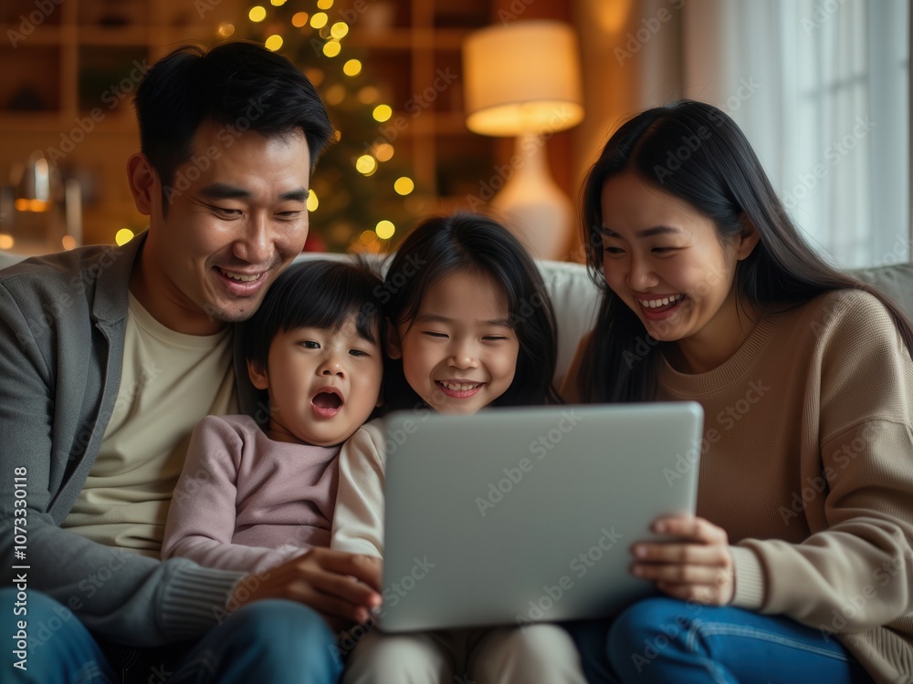 A happy family sits together on a couch, smiling and engaged while watching a laptop. The warm, cozy atmosphere features soft lighting and a festive backdrop, creating a delightful moment of togethern A happy family sits together on a couch, smiling and engaged while watching a laptop. The warm, cozy atmosphere features soft lighting and a festive backdrop, creating a delightful moment of togethern