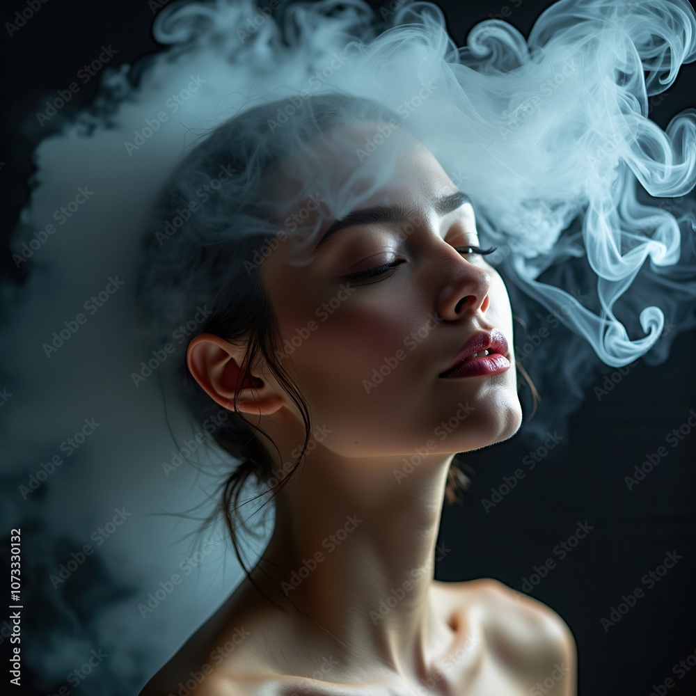 Fototapeta premium A woman with closed eyes appears peaceful as swirling smoke frames her face, creating an ethereal ambiance in a dimly lit space. Her serene expression invites contemplation and calmness.