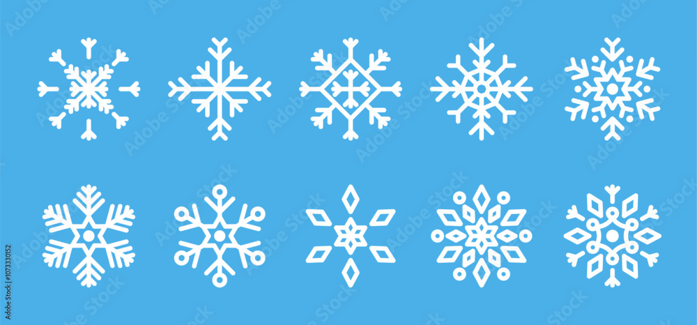 Collection of Christmas-themed snowflake vector designs. Includes various white snowflake icons, perfect for winter and holiday templates. Collection of Christmas-themed snowflake vector designs. Includes various white snowflake icons, perfect for winter and holiday templates.