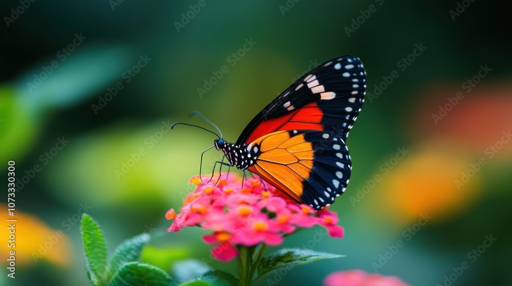 A vibrant butterfly with orange and black wings rests on a pink flower, surrounded by lush greenery and soft blurred colors in the background. A vibrant butterfly with orange and black wings rests on a pink flower, surrounded by lush greenery and soft blurred colors in the background.