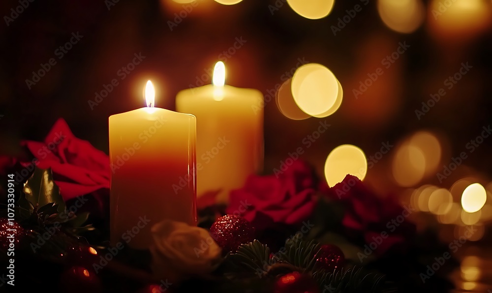 A serene holiday scene with lit candles and red roses creating a warm ambiance. A serene holiday scene with lit candles and red roses creating a warm ambiance.