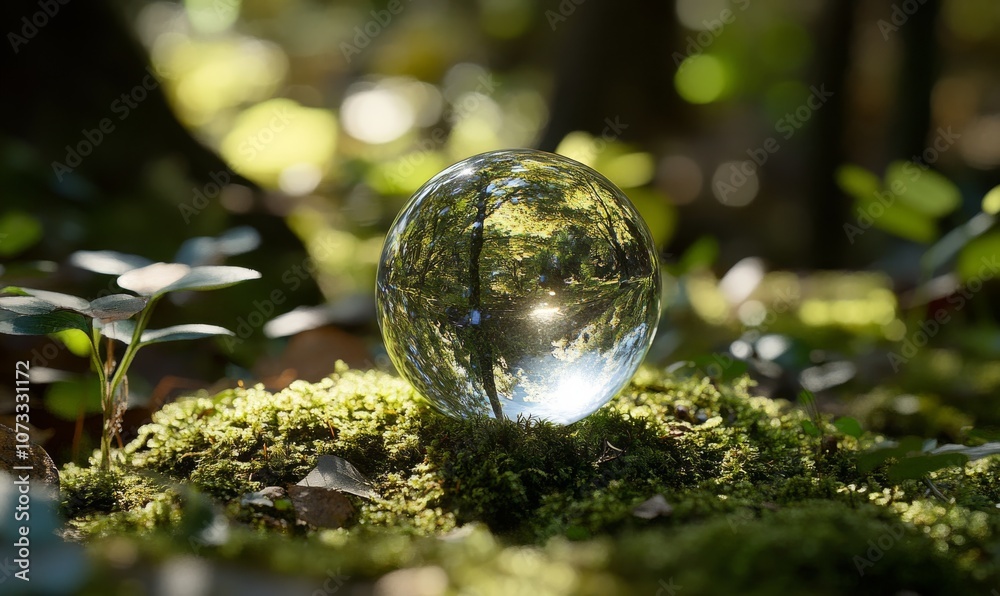 Crystal ball on moss in a lush forest, sunlight streaming, green plants and trees around, blurred natural background, environmental awareness Crystal ball on moss in a lush forest, sunlight streaming, green plants and trees around, blurred natural background, environmental awareness