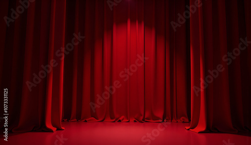 The red theater curtain is lowered, creating a dramatic atmosphere for performances and events