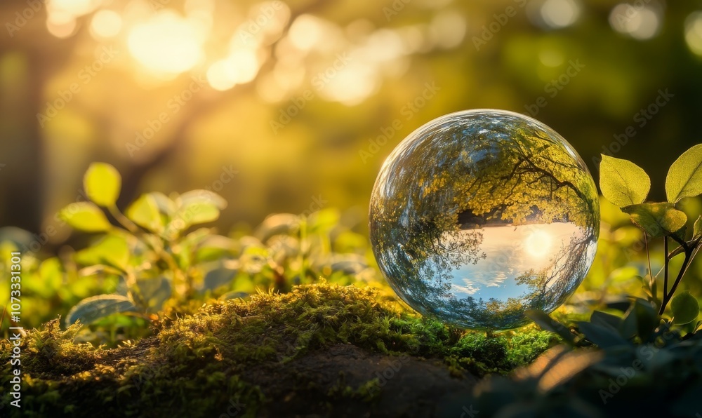 Crystal glass globe on moss in forest, surrounded by green plants and trees, sunlight illuminating, blurred natural background, environmental protection theme Crystal glass globe on moss in forest, surrounded by green plants and trees, sunlight illuminating, blurred natural background, environmental protection theme
