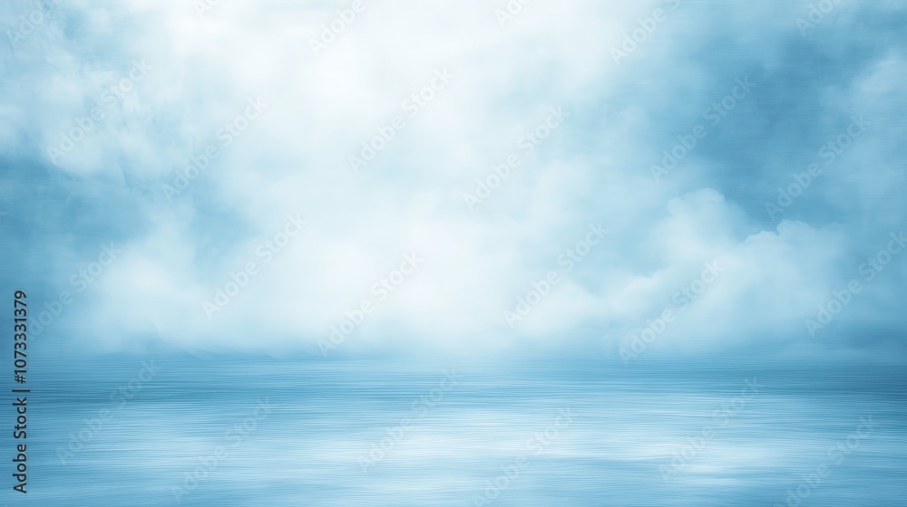 A blue sky with white clouds and a misty haze