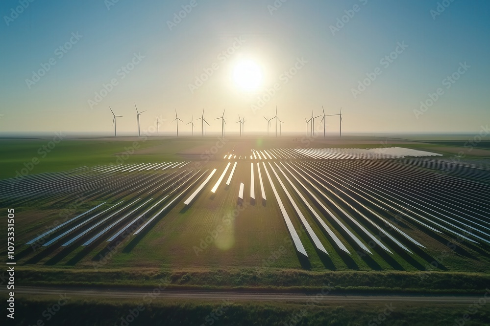 A solar farm with rows of large solar panels A solar farm with rows of large solar panels
