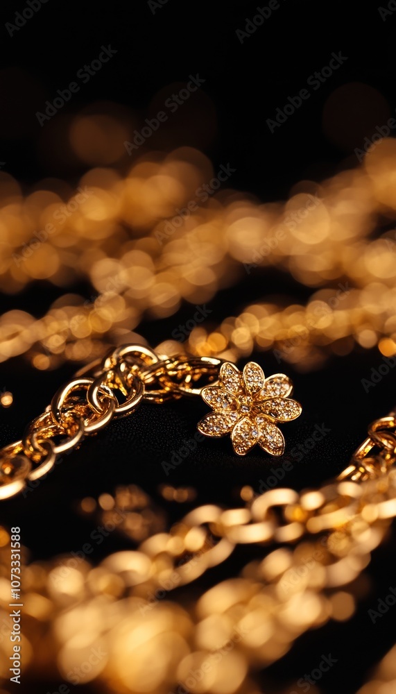 A close-up shot of intricate golden jewelry, featuring a floral design amidst a backdrop of sparkling gold chains.