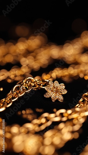 Obraz na płótnie A close-up shot of intricate golden jewelry, featuring a floral design amidst a backdrop of sparkling gold chains. w salonie