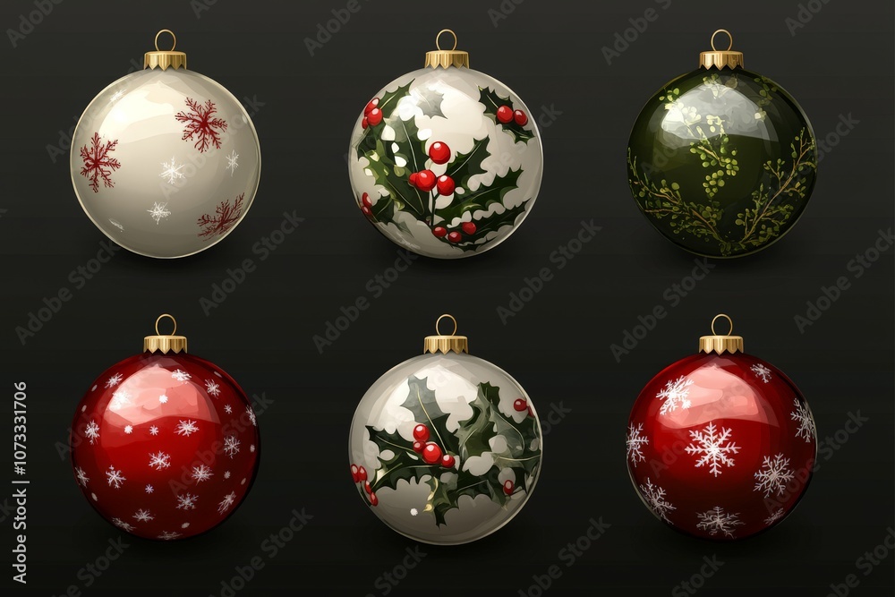 Set of Christmas ornaments with holiday themed designs including holly snowflakes and polka dots adding a festive traditional touch to seasonal decor