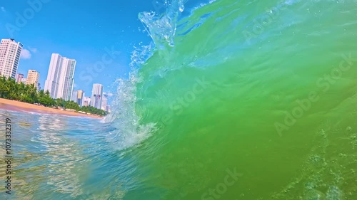 Waves surf foam splashes twists into tube, funnel, whirlpool. Closing of the wave on city sandy beach, slow motion time freeze frame, high speed shooting