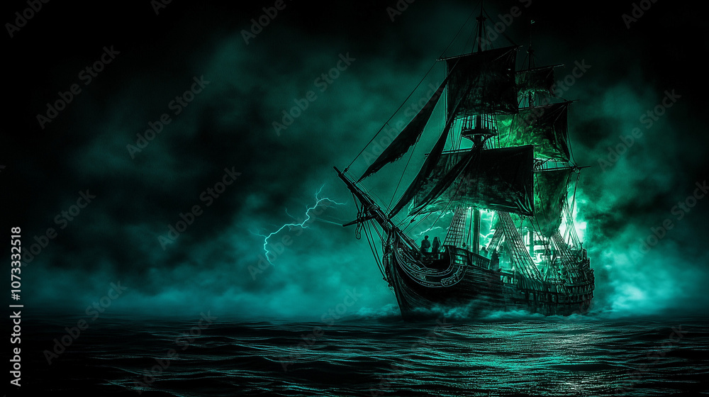 Fototapeta premium A dark stormy ocean where a cursed pirate ship emerges from the fog