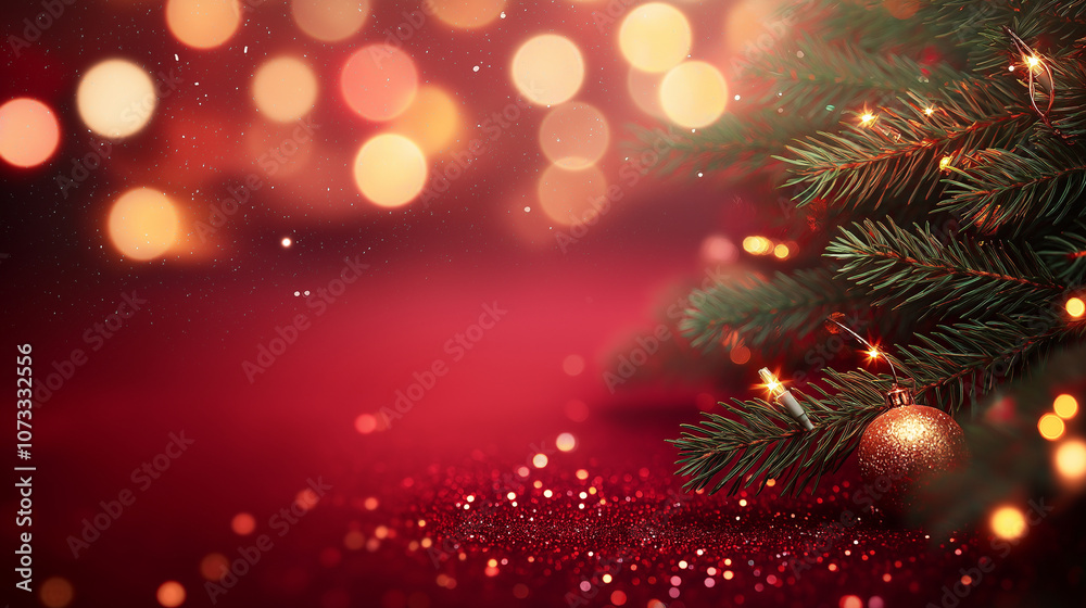 Elegant Christmas border with fir branches, shimmering golden confetti, and twinkling lights, all against a deep red background with a soft, blurred bokeh effect Elegant Christmas border with fir branches, shimmering golden confetti, and twinkling lights, all against a deep red background with a soft, blurred bokeh effect