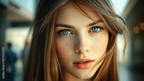 A woman with long brown hair and blue eyes stares intensely at the camera