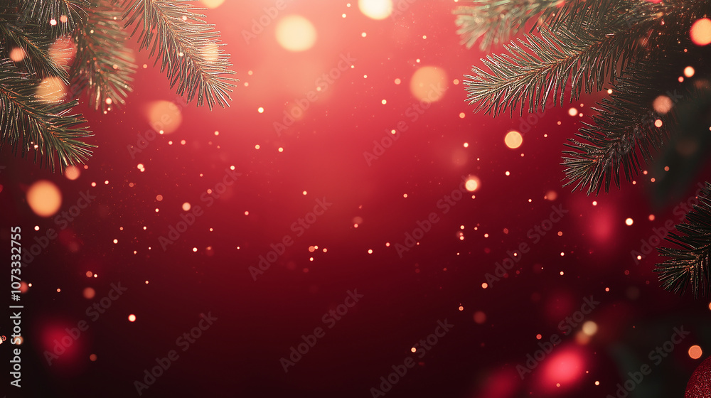 Elegant Christmas border with fir branches, shimmering golden confetti, and twinkling lights, all against a deep red background with a soft, blurred bokeh effect Elegant Christmas border with fir branches, shimmering golden confetti, and twinkling lights, all against a deep red background with a soft, blurred bokeh effect