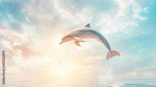A dolphin is flying through the air above the ocean