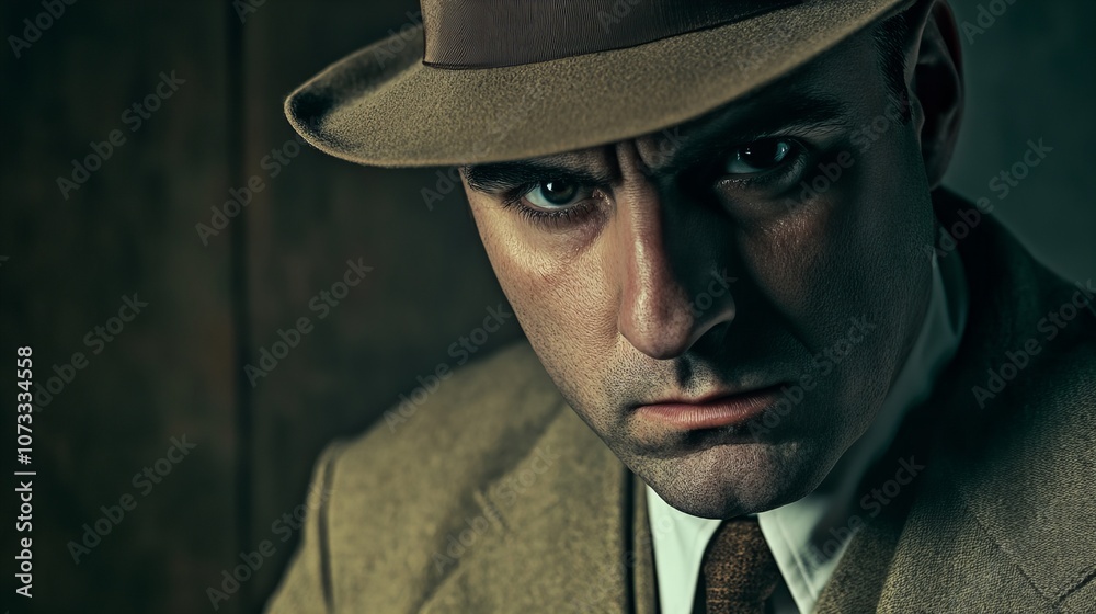 portrait of a grim and dangerous mafioso in a hat looking at camera portrait of a grim and dangerous mafioso in a hat looking at camera