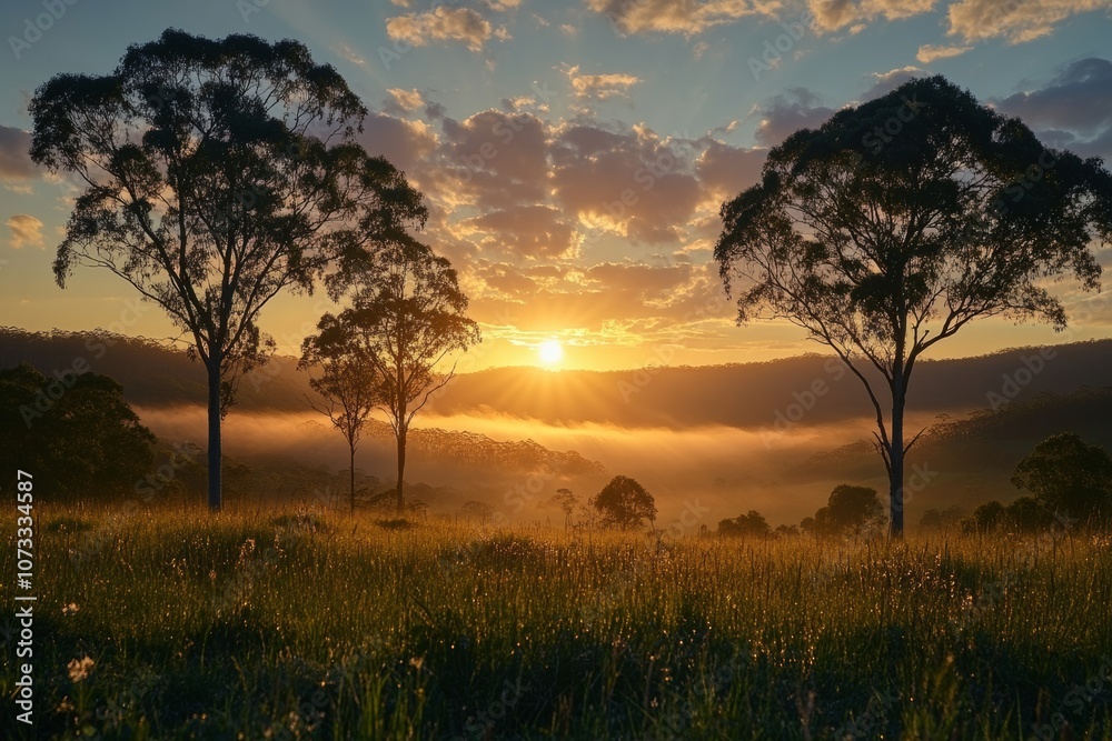 Sunrise over a misty mountain range, golden light casting long shadows, mist slowly rising from the valleys. Generative AI Sunrise over a misty mountain range, golden light casting long shadows, mist slowly rising from the valleys. Generative AI