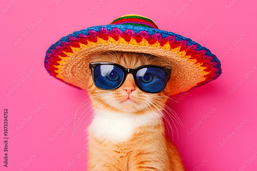 Obraz premium Cool Cat in Sombrero Sunglasses Funny Animal Portrait