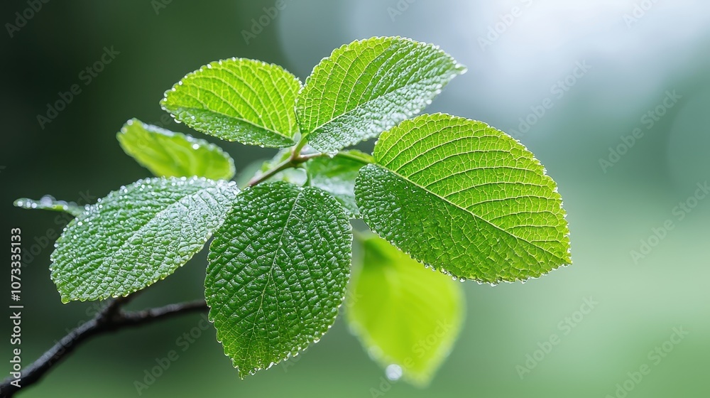 Fresh Green Leaves with Water Droplets on a Branch in Soft Natural Light, Close-Up Shot Celebrating Nature's Beauty and the Essence of Springtime Renewal Fresh Green Leaves with Water Droplets on a Branch in Soft Natural Light, Close-Up Shot Celebrating Nature's Beauty and the Essence of Springtime Renewal
