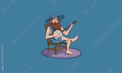 Bearded man playing banjo on a chair, rustic setting.
